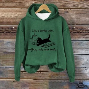 Life is Better With Coffee,Cats and Book Pullover Hoodie Women Hooded Sweatshirt - Picture 1 of 26