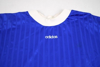 Vintage adidas T-Shirt Size L 80s Center Embroidered Blue Ribbed White Ringer - Image 1 of 4