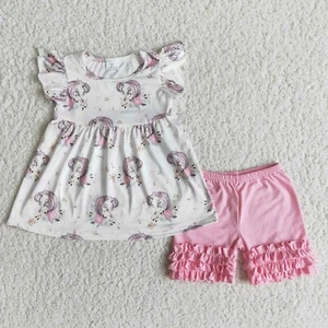 Completo estivo bambina svolazzante manica corta top pantaloncini set 2 pezzi - Foto 1 di 19