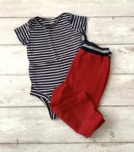 Carters 12m Baby Outfit Navy Blue Stripes Bodysuit Red Pants Sweatpants Kids Set - Picture 1 of 4