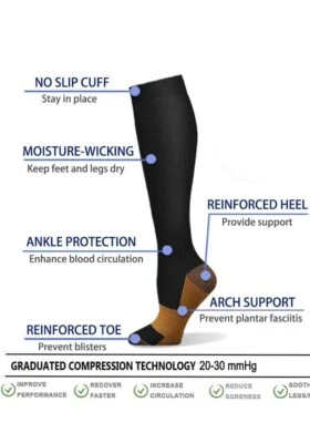 Unisex Copper Infused Anti-Fatigue Compression Socks Varicose Vein Stocking Pair - Image 1 of 4
