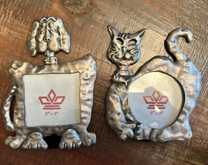 Set 2 Dog Cat Photo Picture Tabletop Pewter Desk Square Metal Frame Kitty Cute! - Picture 1 of 4