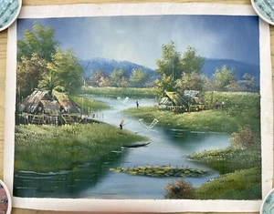 Original Vintage Hand Painted Fishing Scene Thailand Oil On Canvas Brush Palette - Picture 1 of 4