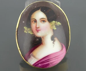 Vintage Portrait Hand Painted Porcelain Brooch, Pin Victorian Lady Gold Filled - Picture 1 of 5