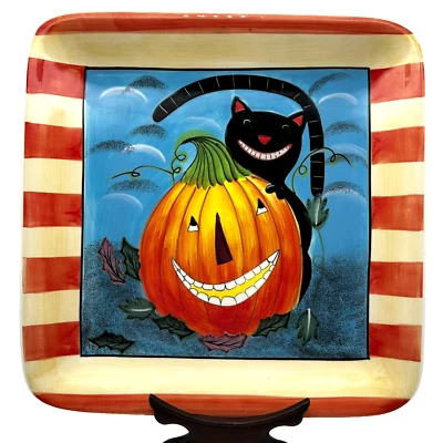 Plato de cena cuadrado Jack O' Lantern de gato negro de Halloween 11" Wendy Bentley Foto 1 de 4