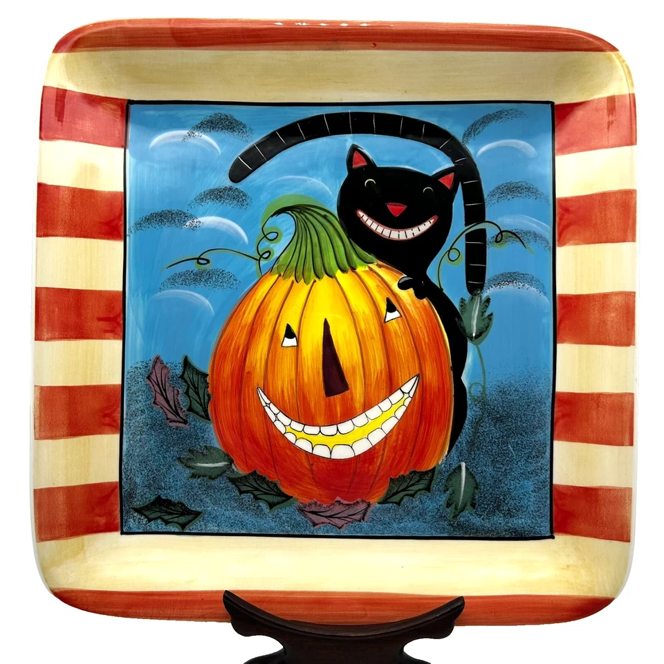 Plato de cena cuadrado Jack O' Lantern de gato negro de Halloween 11" Wendy Bentley Foto 1 de 4