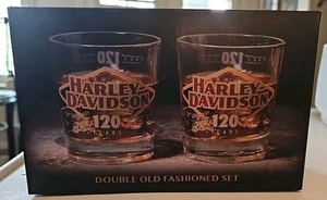 Harley Davidson 120th Anniversary Double Old Fashion Glass Set Limited Ed. NEW - Picture 1 of 2