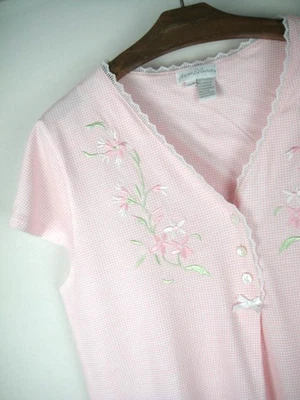 Miss Elaine Size M 100% Cotton Pink Check Stretch Knit Embroider Nightgown - Image 1 of 4