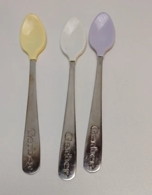 Juego de 3 cucharas de alimentación para bebés Gerber mango de metal punta suave pastel vintage Foto 1 de 4