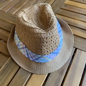 The Children’s Place Straw Fedora Hat L/XL 8+ Plaid Cotton Band Tan Summer Beach - Picture 1 of 12