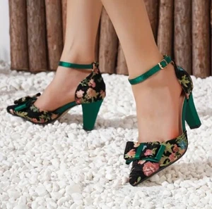 Stylish Green High Block Heel Women's Sz7.5 Ankle Strap Pointed Toes Dress Shoes - Picture 1 of 5