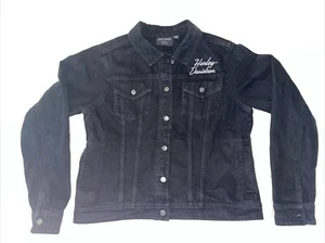 Harley Davidson Jacket Women's Large Black Denim Embroidered Very Nice Condition - Picture 1 of 9