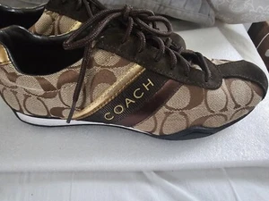 Coach Jayme Signature C Brown Metallic Gold Sneakers Shoes Size 6.5 - Picture 1 of 7