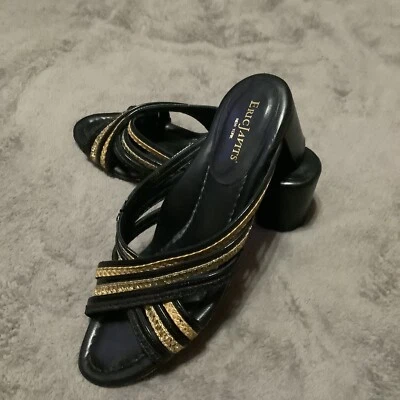 Sandalias Eric Javits Negro Dorado Plata 9.5 M Deslizables Punta Abierta Tacones Cuero Foto 1 de 4