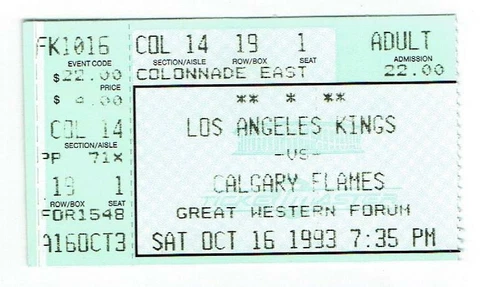 CALGARY FLAMES @ LA KINGS ~ 1993 Ticket, Gretzky Goal, 3 Assists ~ FREE SHIP Cover