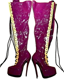 Stivali alti all'uncinetto Leatherworks Fetish Dominatrix taglia 7 stiletto viola Inghilterra - Foto 1 di 12