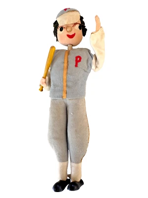 Antique Philadelphia Phillies Hand-Made Cloth Baseball Player Doll Bat Folk Art - Image 1 of 4