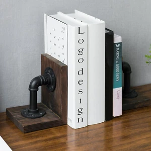 MyGift 2 Piece Set Dark Brown Rustic Wood and Industrial Pipe Desktop Bookends - Picture 1 of 6