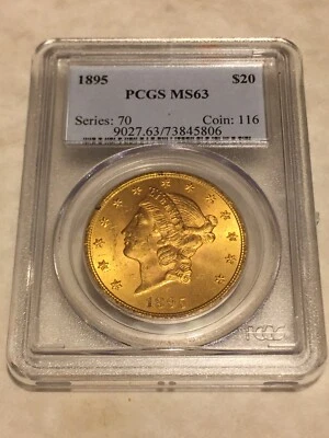 Золотая монета 1895 MS63 PCGS $20 Двойной орел Свобода красивая привлекательность блестящая OBL - Изображение 1 из 2