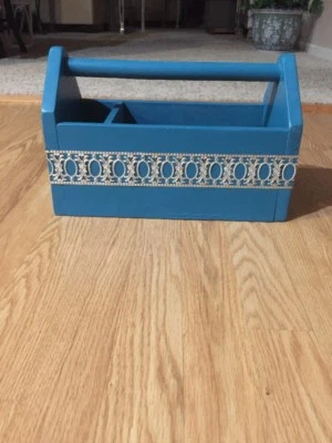 Newly Upcycled Vintage Wooden Caddy. Teal. Silver Trim. Farmhouse Coastal. C9 - Image 1 of 4