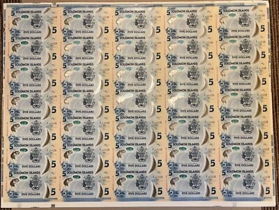 Solomon Islands 5 dollars uncut sheet 35 notes 2022 UNC prefix A/5 new signature - Image 1 of 2