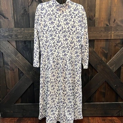 Vintage Eddie Bauer Prairie Dress XL Floral Cottagecore Maxi Blue White Mock - Image 1 of 4