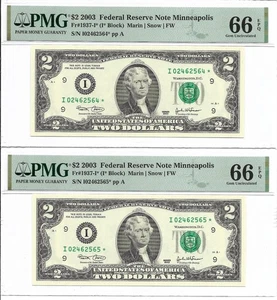 2003 $2 MINNEAPOLIS * STAR * ⭐️ FRNs. 2 PMG Gem Uncirculated 66 EPQ Banknotes. - Picture 1 of 5