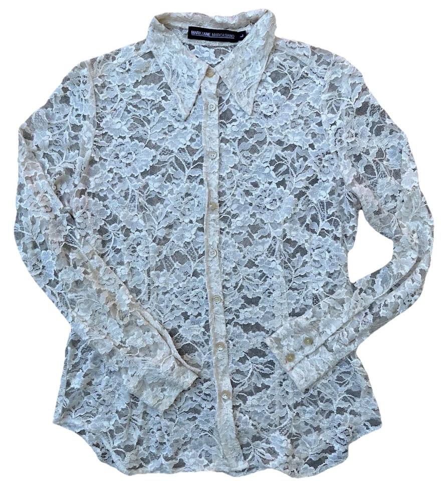 Vintage 90s Maryjane Marcasiano L White Cream Sheer Lace Button Shirt Blouse - Image 1 of 1