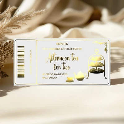 VIOLET GRACE Personalised Afternoon Tea Metallic Foil Voucher, Surprise Custom Gift Ticket