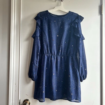 Vestido Tommy Hilfiger meninas grandes azul marinho estrelado mangas compridas forrado de chiffon tamanho XL/16 - Imagem 1 de 4