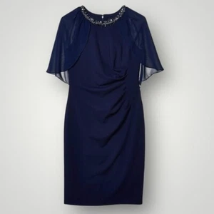 NWT Adrianna Papell Navy Chiffon Capelet Overlay Sheath Dress Sz 8 Jewel Neck - Picture 1 of 7