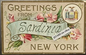 1900s SARDINIA, NY, PINK PANSIES STATE SEAL EMBOSSED GREETINGS FROM POSTCARD - Picture 1 of 2