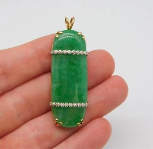 CHINESE EXPORT 14K YELLOW GOLD GREEN JADE DIAMOND STONE PENDANT - Picture 1 of 11