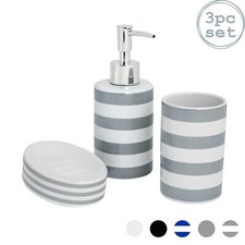 Bathroom Accessory Set, 3 pcs - Soap Dispenser, Dish & Tumbler - Grey Stripe