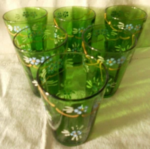 6 / Six Dark GREEN Tumblers Carnival JEFFERSON Glass Co. Enameled Flowers - Picture 1 of 5
