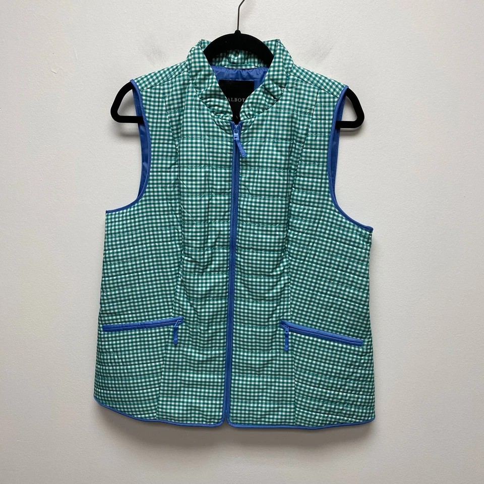Chaleco acolchado Talbots para mujer blanco verde guinga ligero sin mangas cremallera completa L Foto 1 de 4