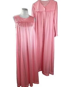 Vintage Shadowline bestickt rosa Nylon Nachthemd & Morgenmantel Piegnoir Set Small USA - Bild 1 von 9