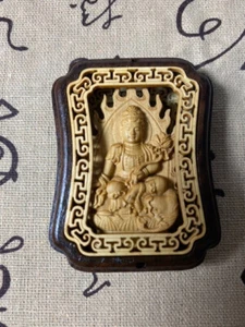 Buddhist art by Fugen Bodhisattva Buddha statue Yellow boxwood 65×50×15mm - Picture 1 of 2