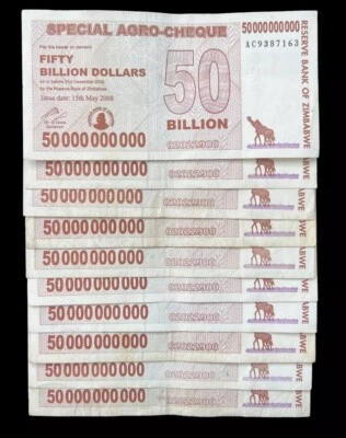 Billete de 10 x cheques agro de 50 mil millones de dólares de Zimbabwe cheque agrícola ZIM Foto 1 de 2