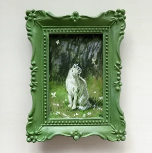 Pintura Original ACEO Enmarcada Campo Gato Bosque Paisaje - Imagen 1 de 5