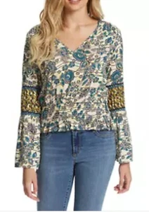 Top Campesino Jessica Simpson Grande Boho Neutro Flores Silvestres Manga Larga Nuevo con Etiquetas - Imagen 1 de 10