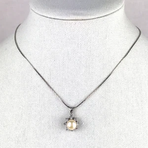 18K White Gold Plated Halo Pendant Necklace Cultured Button Pearl Rhinestones - Picture 1 of 4