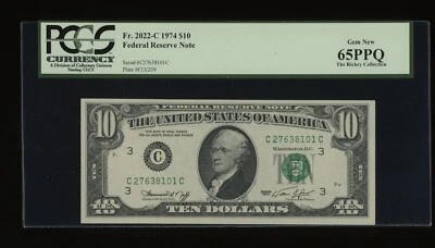 DBR 1974 $10 FRN Philadelphia Gem Fr. 2022-C PCGS 65 PPQ Serial C27638101C - Image 1 of 2