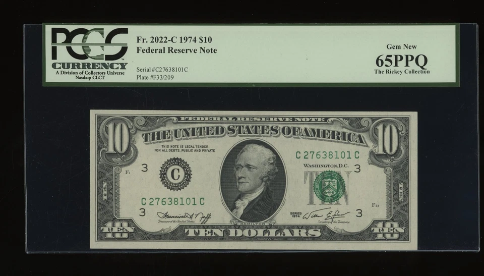 DBR 1974 $10 FRN Philadelphia Gem Fr. 2022-C PCGS 65 PPQ Serial C27638101C - Image 1 of 2