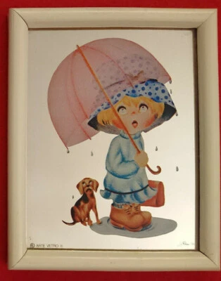QUADRO A SPECCHIO MIRROR firma G ROSSI 82 VINTAGE OMBRELLO CANE BIMBA SERIGRAFIA - Immagine 1 di 4