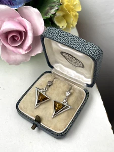 GORGEOUS MODERNIST 925 SOLID STERLING SILVER HONEY AMBER STUD DANGLE EARRINGS - Picture 1 of 11