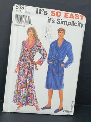 SIMPLICITY 8091 SEW PATTERN MISS MEN BATH ROBE HOUSECOAT FRONT-WRAP XS-XL UNCUT - Image 1 of 4