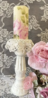 Vela, pintada a mano rosa 6 pulgadas pilar en mal estado vintage inspirado en Victorian Foto 1 de 4