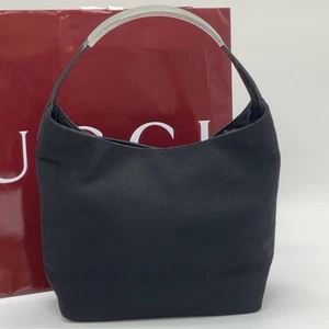 Gucci One Shoulder Handbag Hobo Leather Canvas Metal Handle Stainless Black Auth - Picture 1 of 15