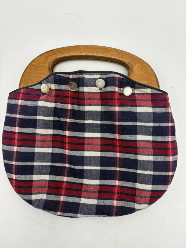 Bolsa Bermuda Reversível Antiga Azul Marinho/Xadrez Botões Pérola Cabo de Madeira Bolsa Preppy - Imagem 1 de 4